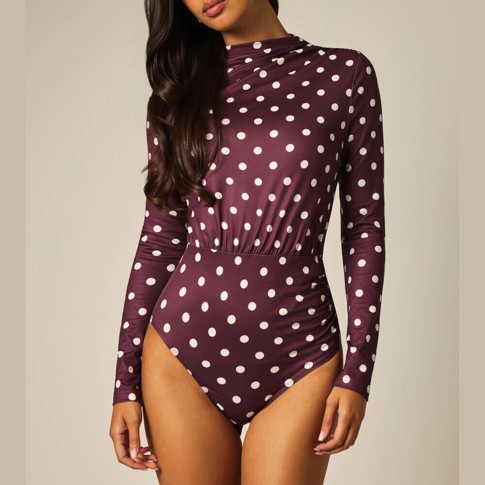 Plum Purple Polka Dot Mock Neck Ruched Long Sleeve Bodysuit